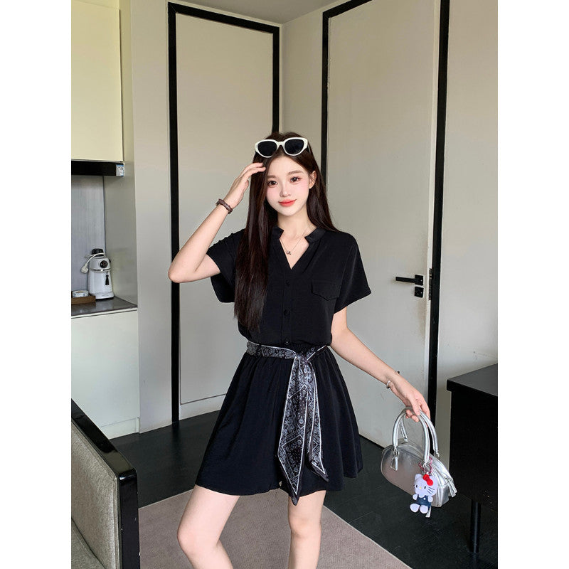 22525L_夏裝新款胖mm大碼女氣質時尚v領短袖小衫飄帶短褲套裝