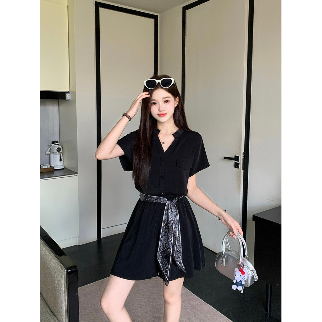22525L_夏裝新款胖mm大碼女氣質時尚v領短袖小衫飄帶短褲套裝