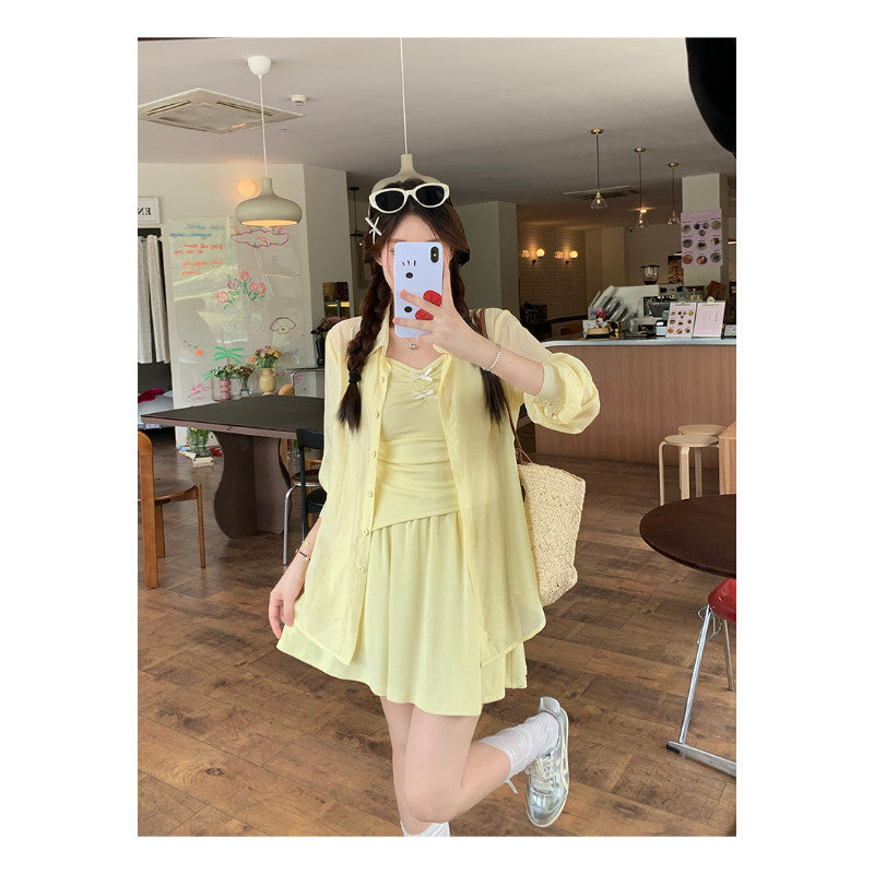 21939L_夏裝新款胖mm大碼女休閒不規則吊帶防曬長袖短褲三件套