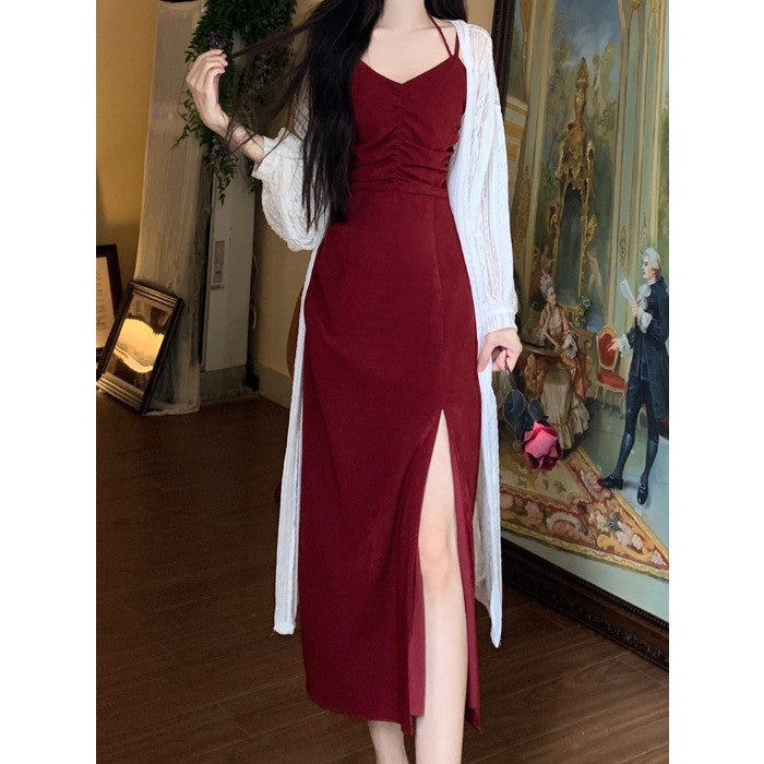 A6877L_大碼女裝胖mm法式性感顯瘦酒紅色玫瑰吊帶連衣裙蕾絲開衫兩件套裙