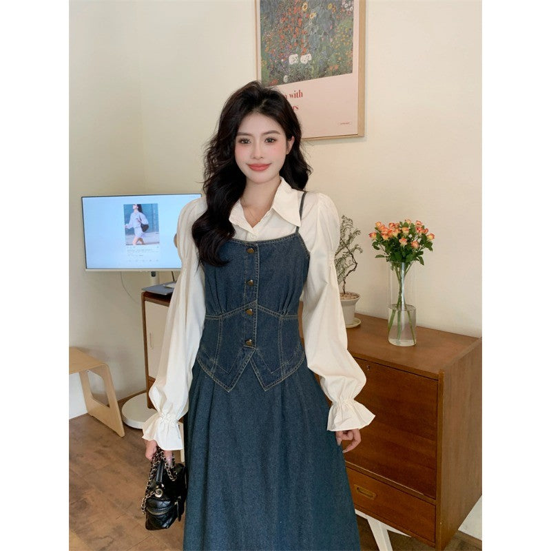 B9083L_ 大碼女裝顯瘦小香風襯衫 法式收腰假兩件牛仔吊帶連衣裙