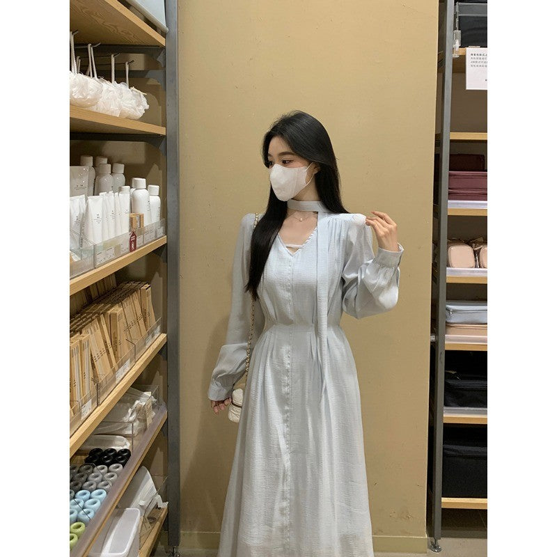 A3155L_大碼女裝氣質溫柔風藍色V領連衣裙女胖MM春季新款裙子