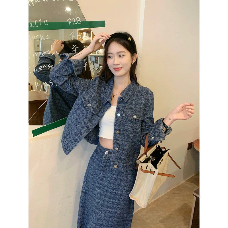 A2383L_大碼女裝雙面提花刺繡牛仔半身裙套裝胖MM藏肉顯瘦兩件套女