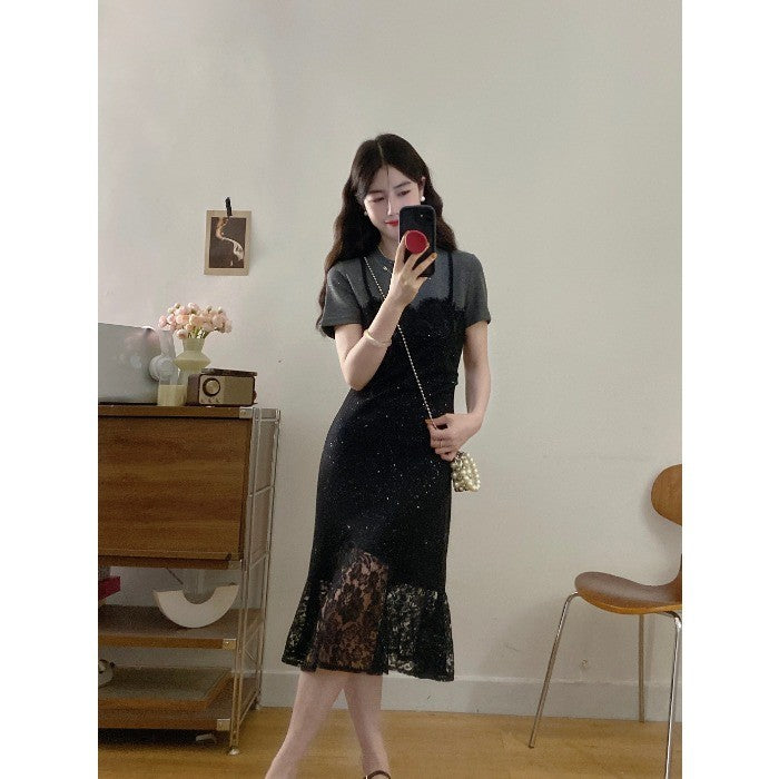 8253L_夏季新款胖MM甜美蕾絲邊修身細閃顯瘦假倆件連衣裙