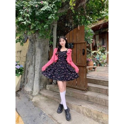 8949L_大碼女裝法式復古碎花吊帶裙設計感花邊防曬開衫兩件套