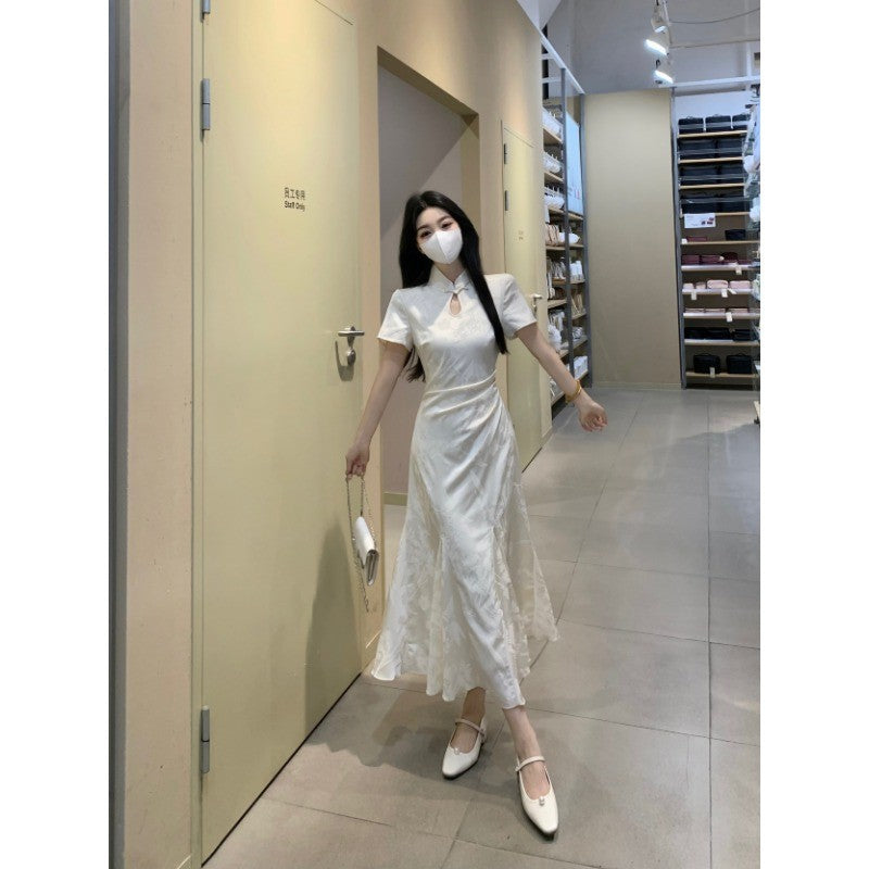 8560L_大碼女裝新中式提花旗袍魚尾裙擺氣質國風連衣裙