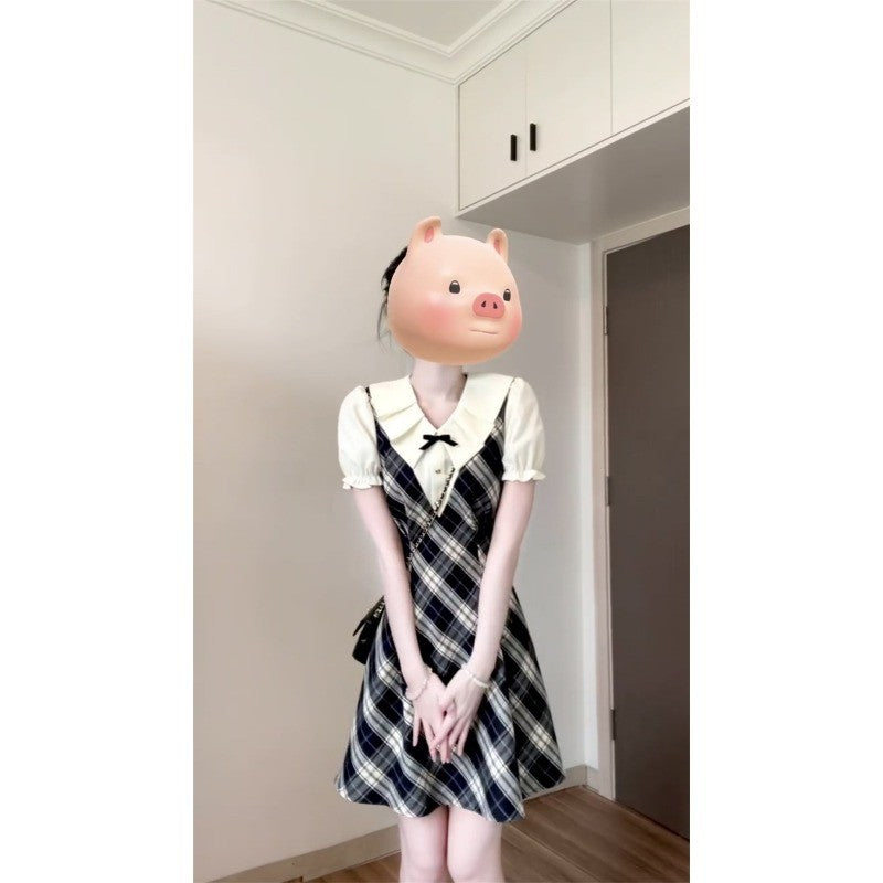 C5L53986L_韓系學院風假兩件格紋連衣裙子女夏季2025新款小個子收腰a字短裙