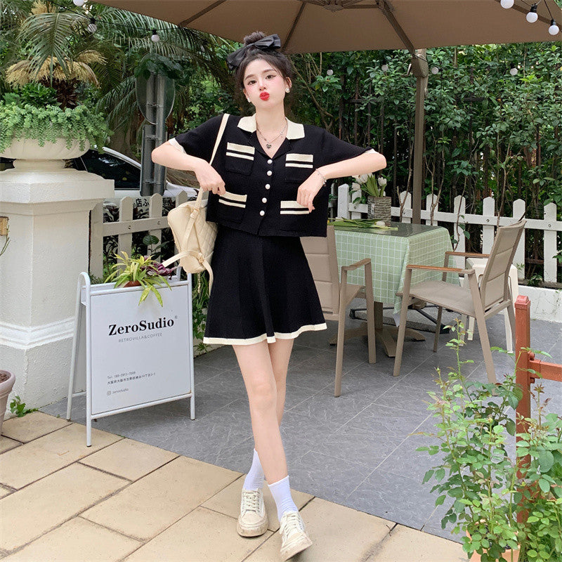B3106L_大码女装夏季胖妹妹小香风针织短袖胖mm套装上衣百褶半身裙