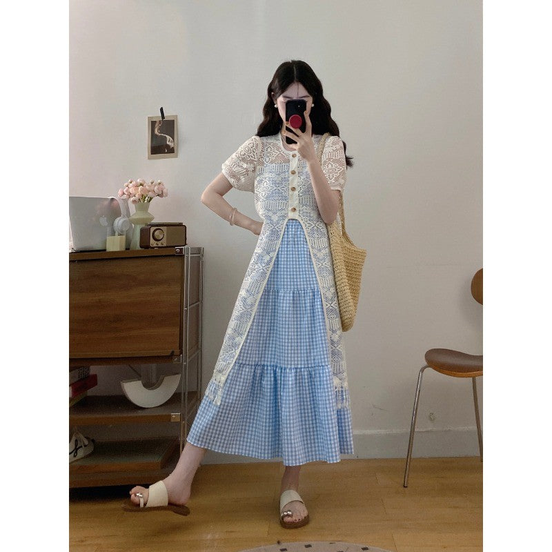 9733L_大碼 新款設計感法式甜美小清新鏤空長款蕾絲罩衫+吊帶裙套裝