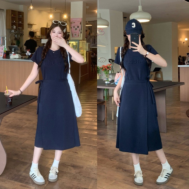 1066L_大碼女裝胖MM顯瘦收腰立體壓花遮肉短袖連衣裙