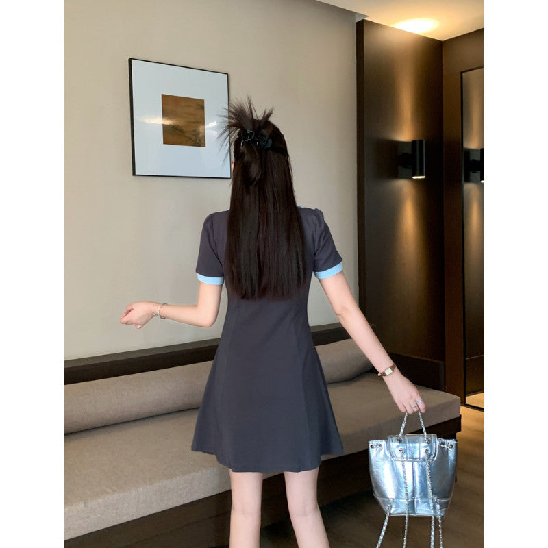 6089L_大碼女裝胖MM時尚簡約收腰POLO領撞色設計中長款連衣裙