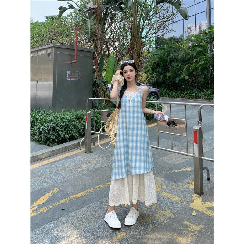 0655L_夏季新款胖mm假兩件拼接顯瘦刺繡A字裙蕾絲小眾長裙子女