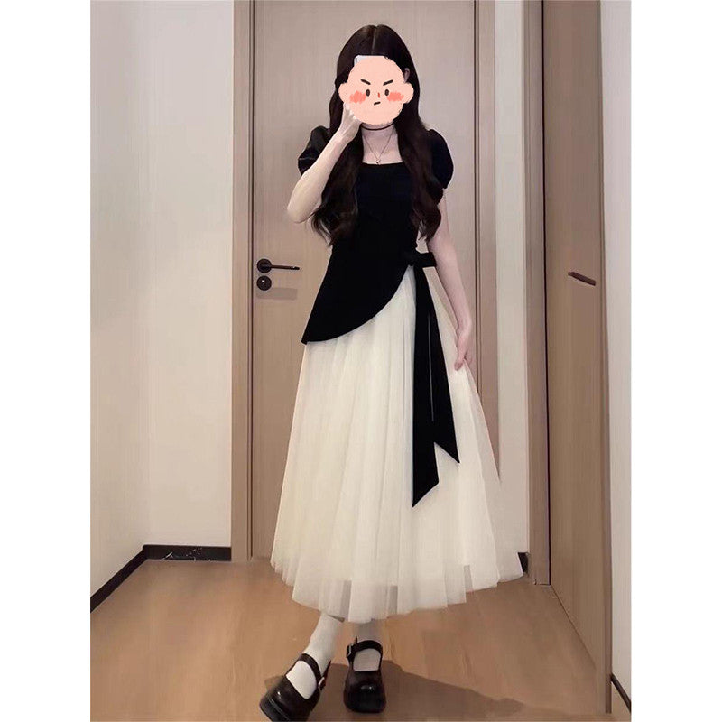 16892L_大碼法式短袖連衣裙女夏季梨形身材垂感長短裙子高級感不規則紗裙