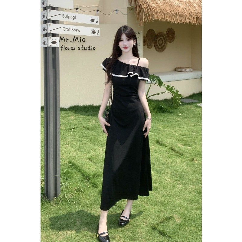 1909L_大碼胖mm曼妙舞曲2025夏女裝氣質收腰顯瘦時尚長款黑色連衣裙女