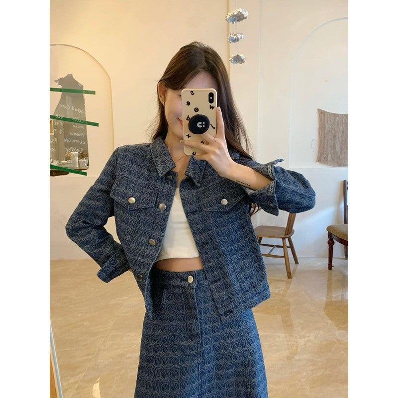 A2383L_大碼女裝雙面提花刺繡牛仔半身裙套裝胖MM藏肉顯瘦兩件套女