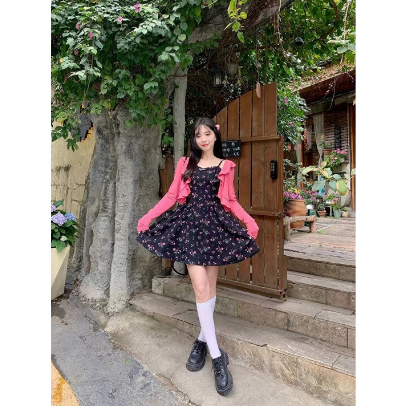 8949L_大碼女裝法式復古碎花吊帶裙設計感花邊防曬開衫兩件套