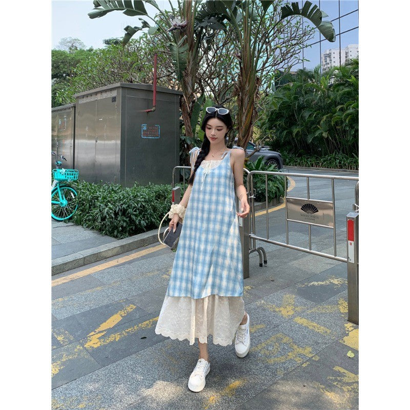 0655L_夏季新款胖mm假兩件拼接顯瘦刺繡A字裙蕾絲小眾長裙子女