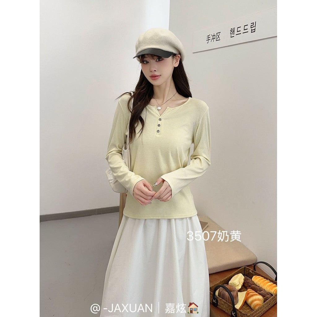 VKJ-3507 均碼  三扣小V領韓系慕斯tee早秋長袖上衣