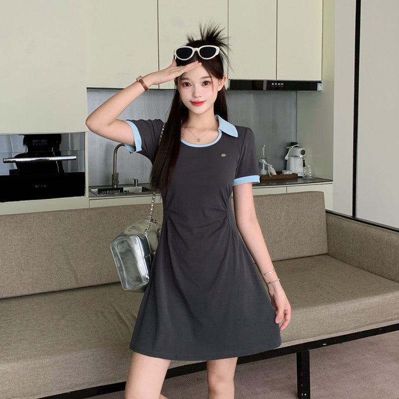 6089L_大碼女裝胖MM時尚簡約收腰POLO領撞色設計中長款連衣裙
