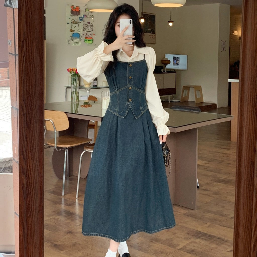 B9083L_ 大碼女裝顯瘦小香風襯衫 法式收腰假兩件牛仔吊帶連衣裙