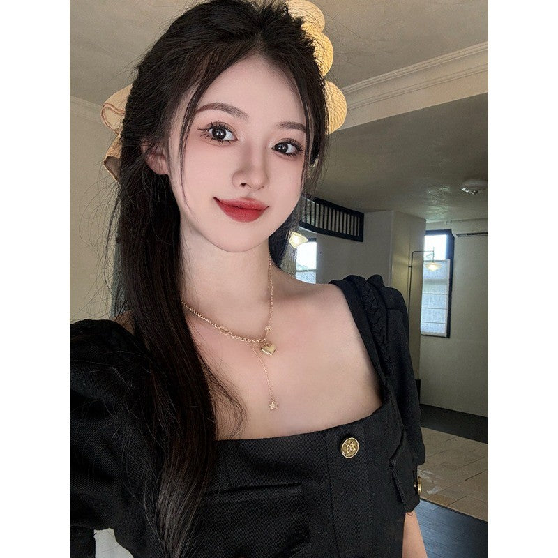 1885L_氣質翻領口袋牛仔時尚連衣裙胖MM藏肉黑色牛仔裙女