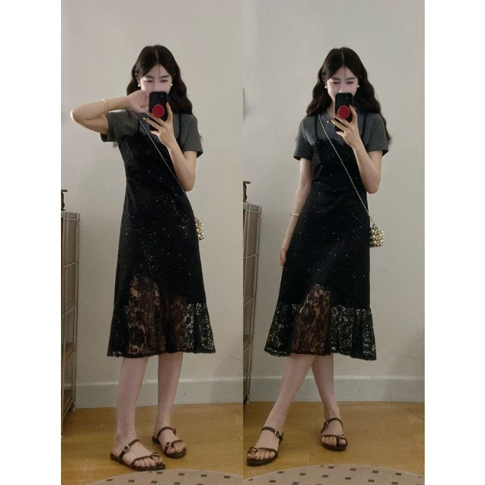 8253L_夏季新款胖MM甜美蕾絲邊修身細閃顯瘦假倆件連衣裙