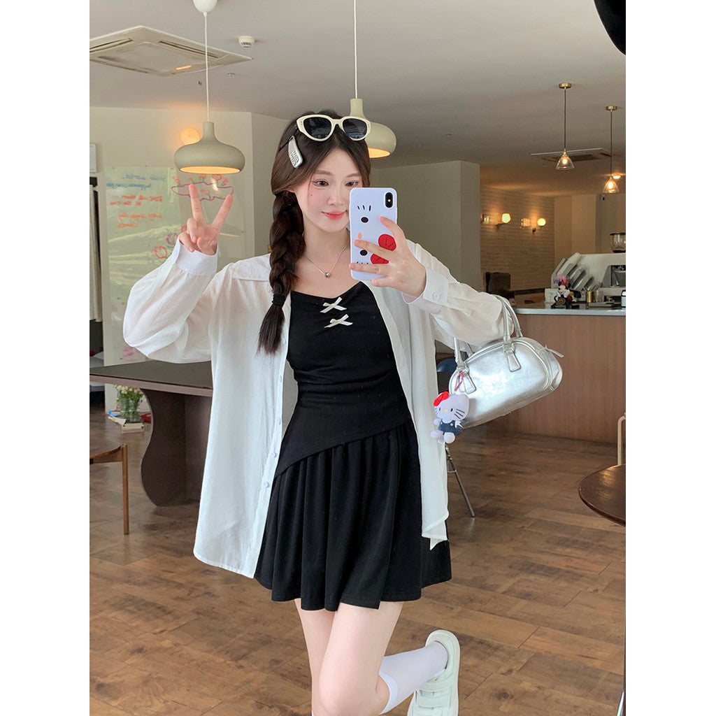 21939L_夏裝新款胖mm大碼女休閒不規則吊帶防曬長袖短褲三件套