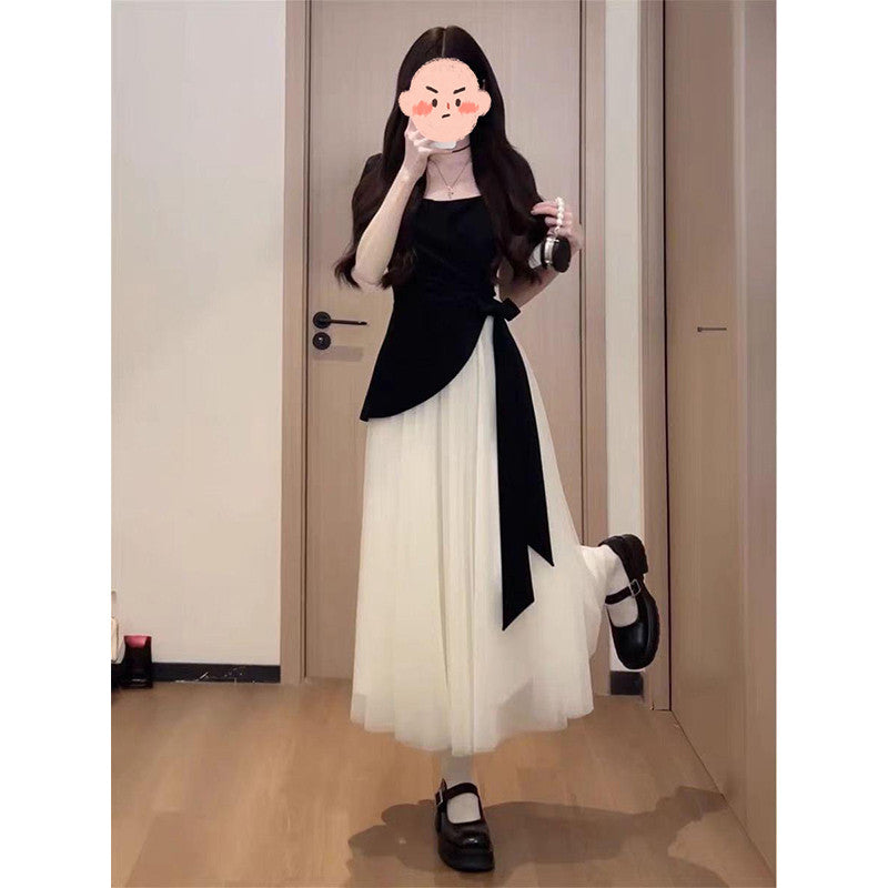 16892L_大碼法式短袖連衣裙女夏季梨形身材垂感長短裙子高級感不規則紗裙