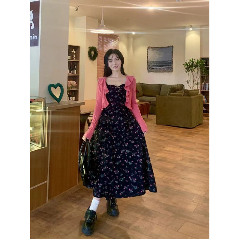 8949L_大碼女裝法式復古碎花吊帶裙設計感花邊防曬開衫兩件套