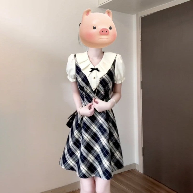 C5L53986L_韓系學院風假兩件格紋連衣裙子女夏季2025新款小個子收腰a字短裙