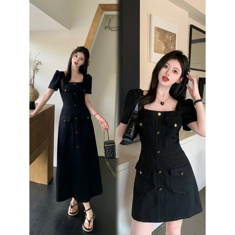 1885L_氣質翻領口袋牛仔時尚連衣裙胖MM藏肉黑色牛仔裙女