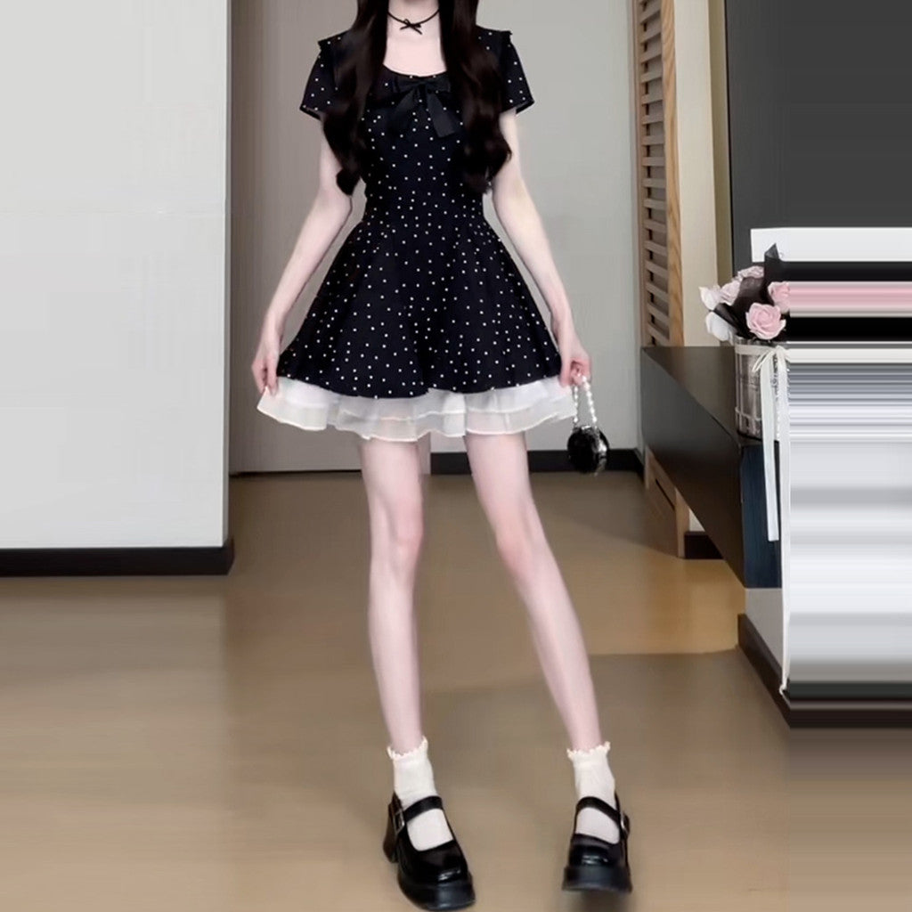C6L54854L_法式氣質蝴蝶結波點連衣裙子女夏季2025新款小個子顯瘦收腰a字裙