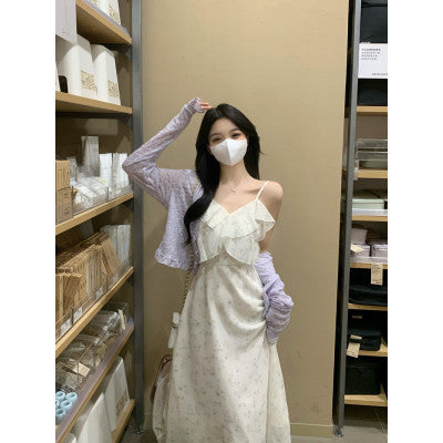 A1099L_大碼女裝新款茶歇法式顯瘦雪紡碎花吊帶連衣裙兩件套
