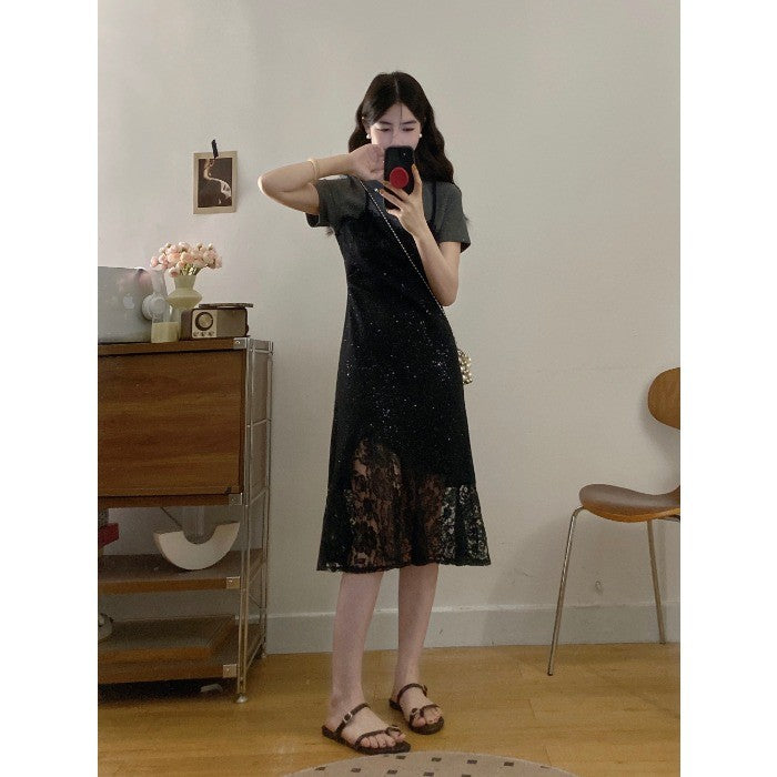 8253L_夏季新款胖MM甜美蕾絲邊修身細閃顯瘦假倆件連衣裙