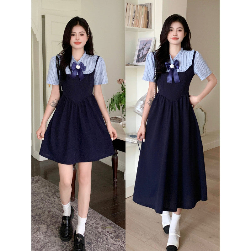 8582L_大碼胖mm學院風氣質連衣裙女2025夏季收腰遮肚顯瘦遮肚裙子女
