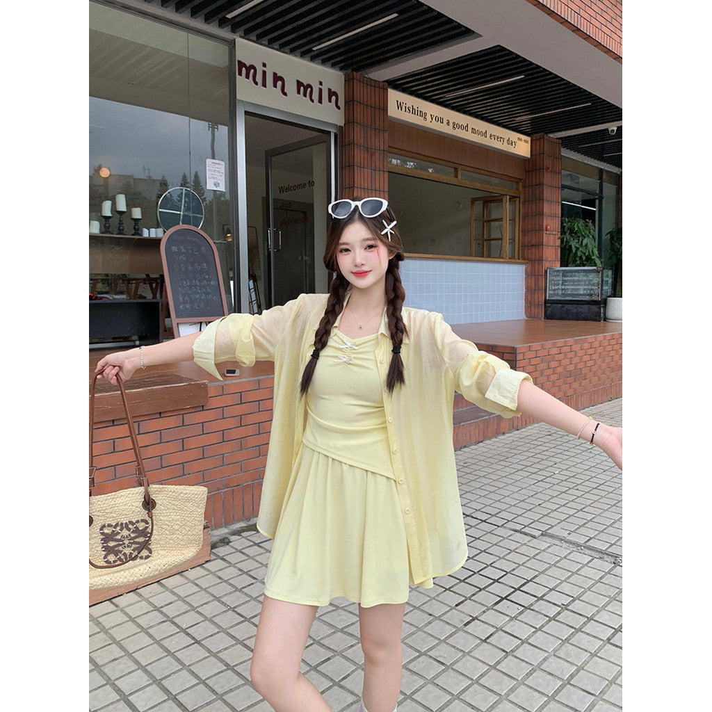 21939L_夏裝新款胖mm大碼女休閒不規則吊帶防曬長袖短褲三件套