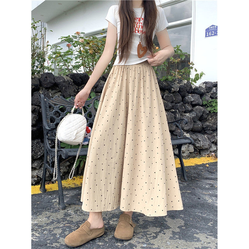 99280L_大碼新款秋季溫柔風波點長褲女簡約顯瘦百搭休閒遮胯闊腿褲子