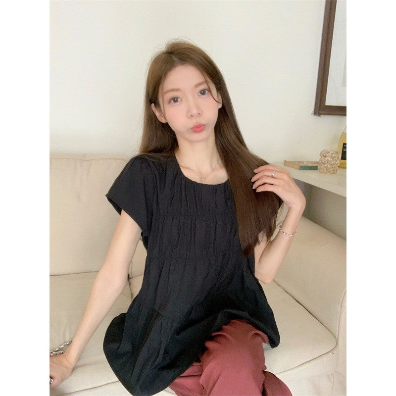 6203L_氣質溫柔風韓系短款小衫夏季休閒顯瘦圓領短袖上衣女