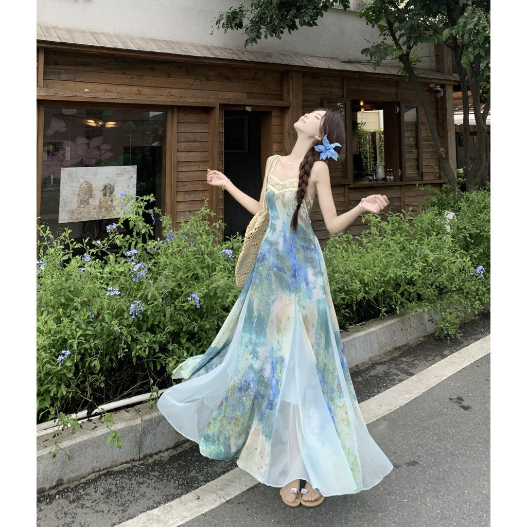 A8539L_穿搭一整套開衫吊帶裙套裝大碼藍色氣質暈染印花收腰連衣裙女