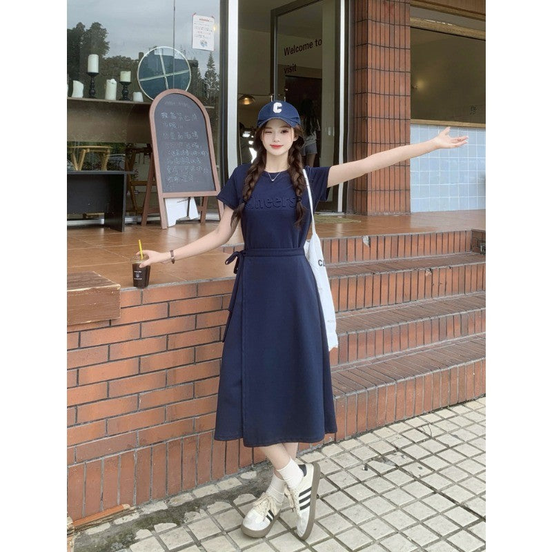 1066L_大碼女裝胖MM顯瘦收腰立體壓花遮肉短袖連衣裙