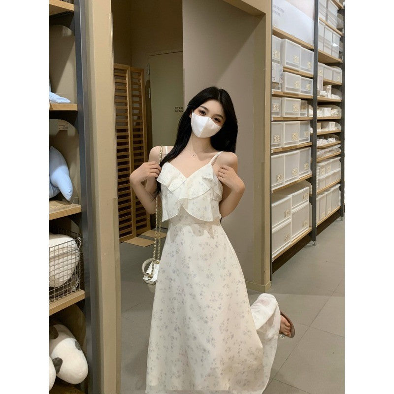 A1099L_大碼女裝新款茶歇法式顯瘦雪紡碎花吊帶連衣裙兩件套
