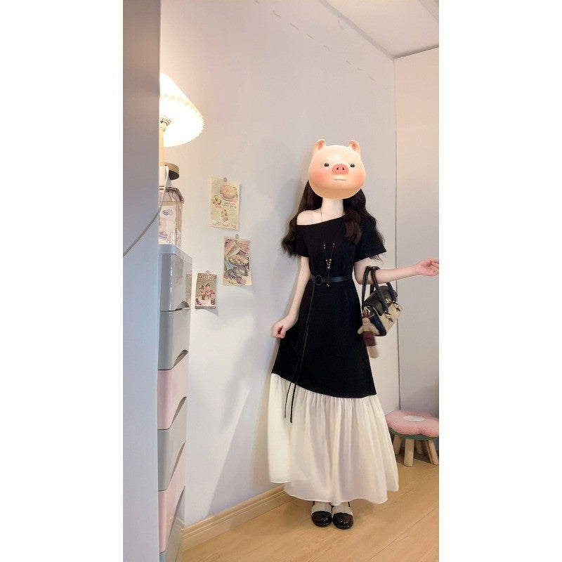 1906L_大碼女裝氣質高級感撞色拼接雪紡假兩件一字肩短袖連衣長裙
