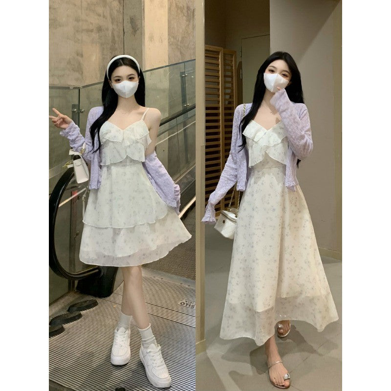 A1099L_大碼女裝新款茶歇法式顯瘦雪紡碎花吊帶連衣裙兩件套