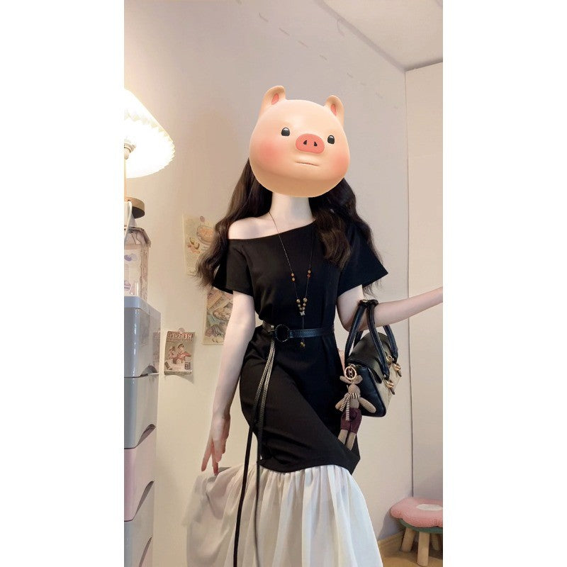 1906L_大碼女裝氣質高級感撞色拼接雪紡假兩件一字肩短袖連衣長裙