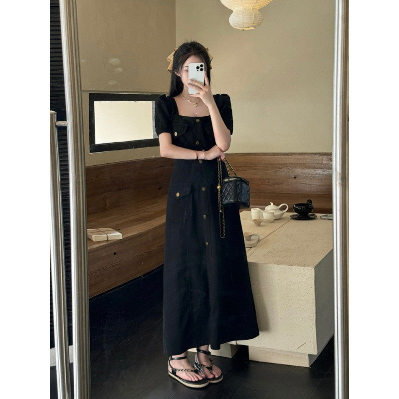 1885L_氣質翻領口袋牛仔時尚連衣裙胖MM藏肉黑色牛仔裙女