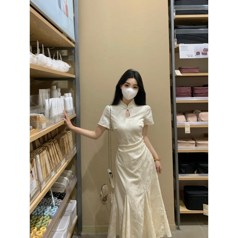 8560L_大碼女裝新中式提花旗袍魚尾裙擺氣質國風連衣裙