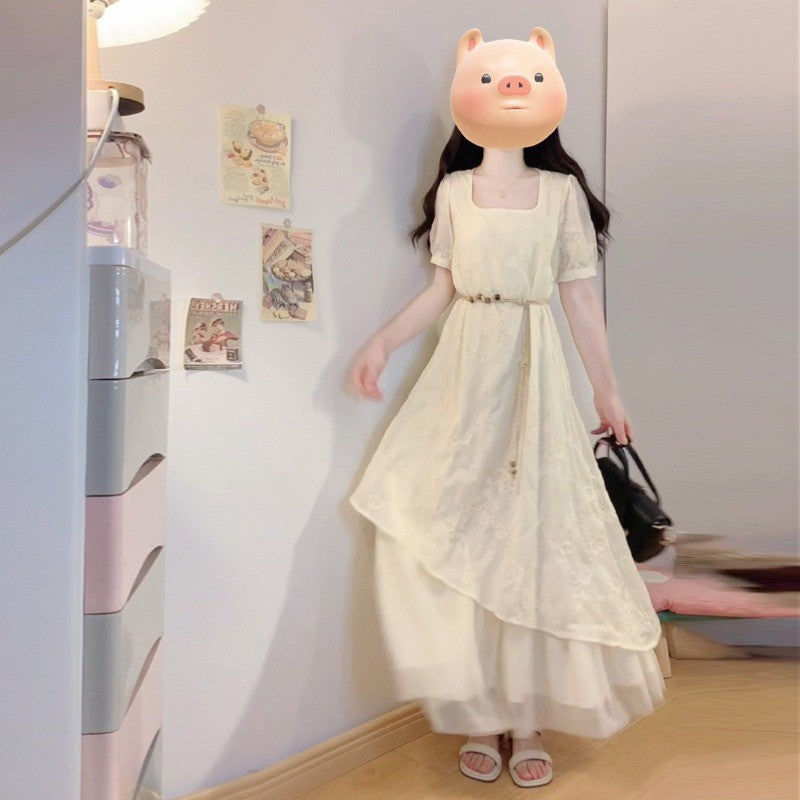 6955L_大碼女裝夏季法式重工刺繡棉布拼接網紗不規則假兩件連衣裙