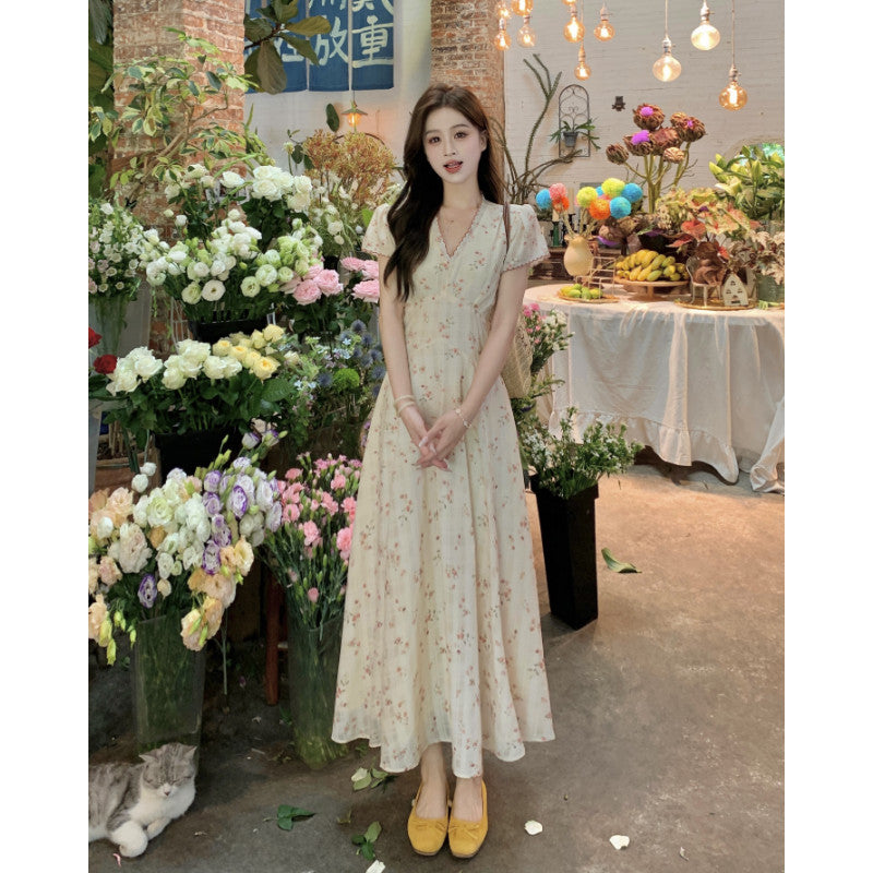 8687L_大碼法式茶歇時尚V領連衣裙女2025新款綁帶收腰顯瘦長款裙子