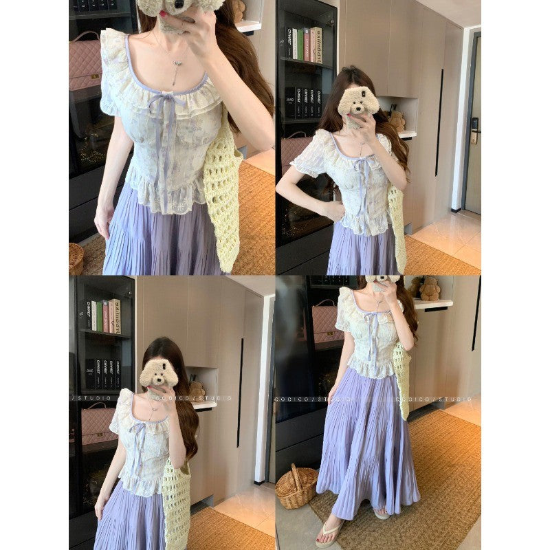 6732L_大碼女裝法式碎花刺繡方領上衣夏季胖mm泡泡袖襯衫兩件套裙裝