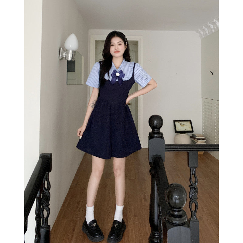 8582L_大碼胖mm學院風氣質連衣裙女2025夏季收腰遮肚顯瘦遮肚裙子女